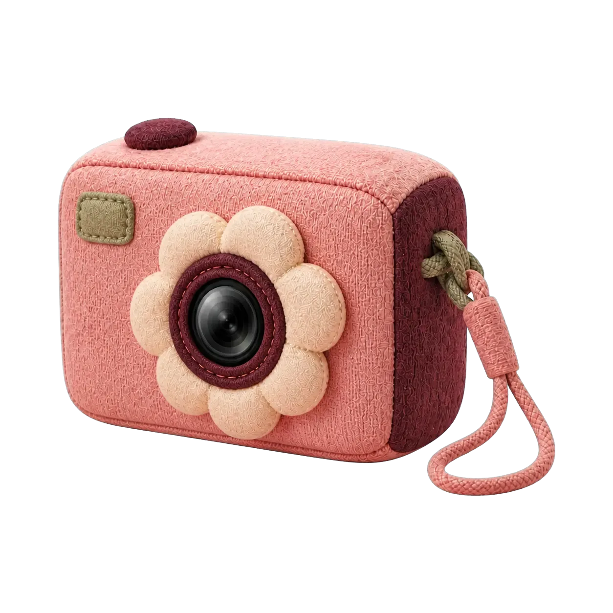 A soft pink textile camera facing left with a flower-shaped lens